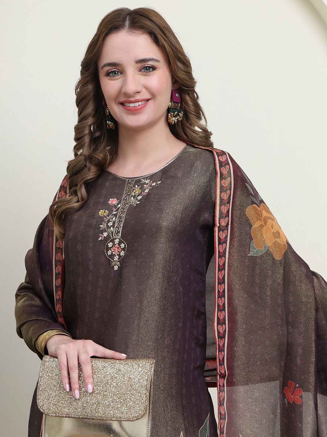 Hr 1232 Polyester Shimmer Printed Kurti Bottom And Dupatta Collection