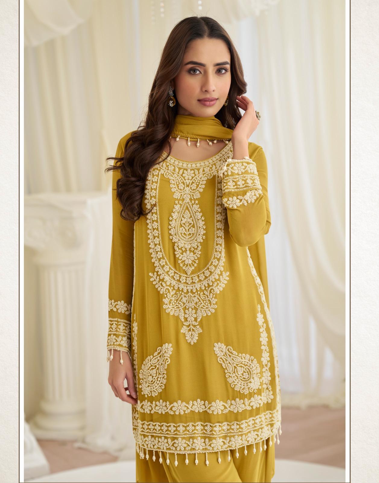 Sayuri Hoor Premium Georgette Chinon Heavy Embroidery Top With Plazzo Pant