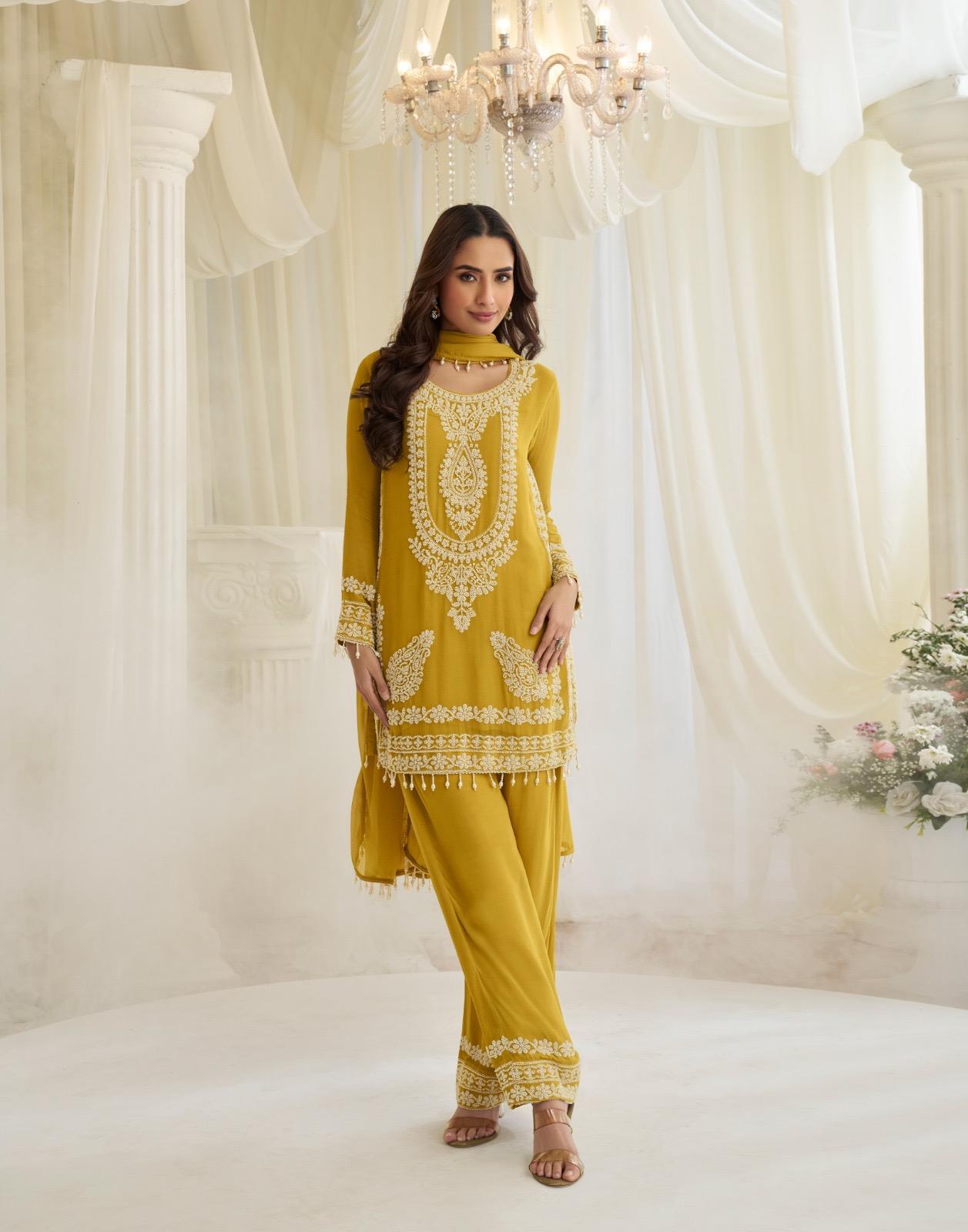 Sayuri Hoor Premium Georgette Chinon Heavy Embroidery Top With Plazzo Pant