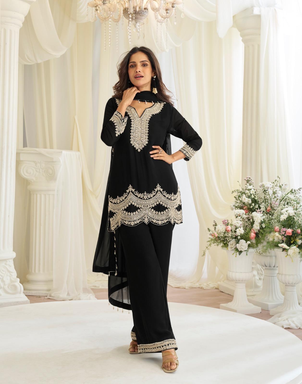Sayuri Hoor Premium Georgette Chinon Heavy Embroidery Top With Plazzo Pant