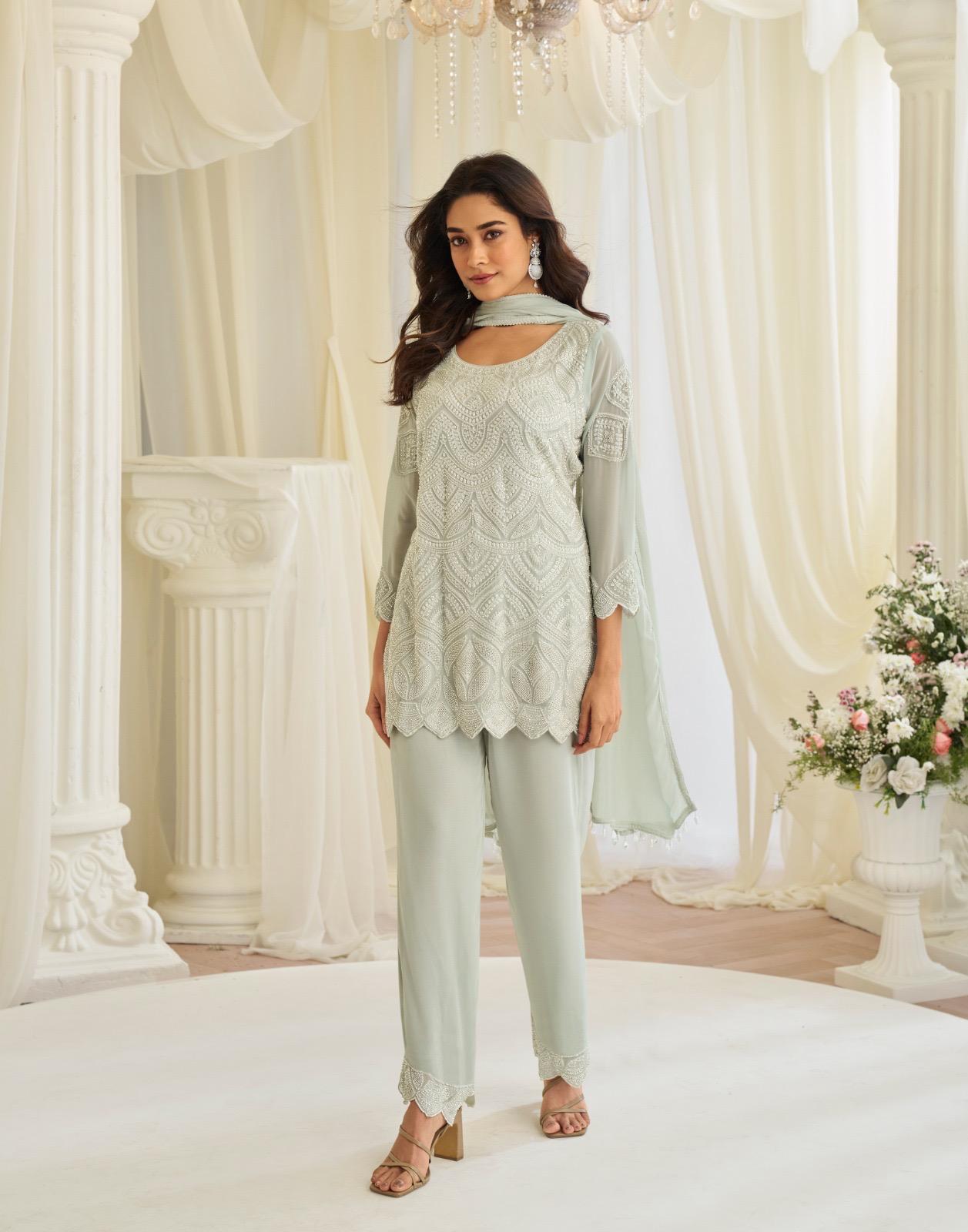 Sayuri Hoor Premium Georgette Chinon Heavy Embroidery Top With Plazzo Pant