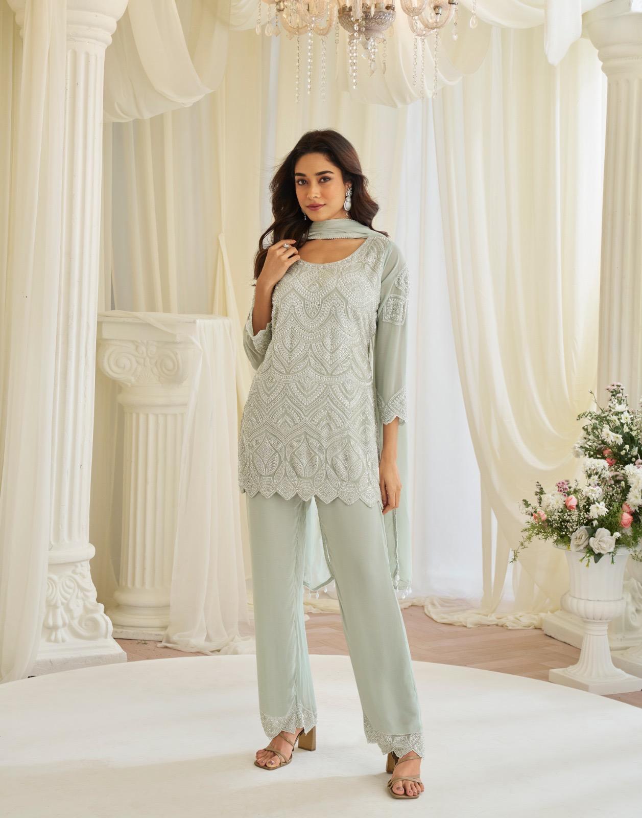 Sayuri Hoor Premium Georgette Chinon Heavy Embroidery Top With Plazzo Pant
