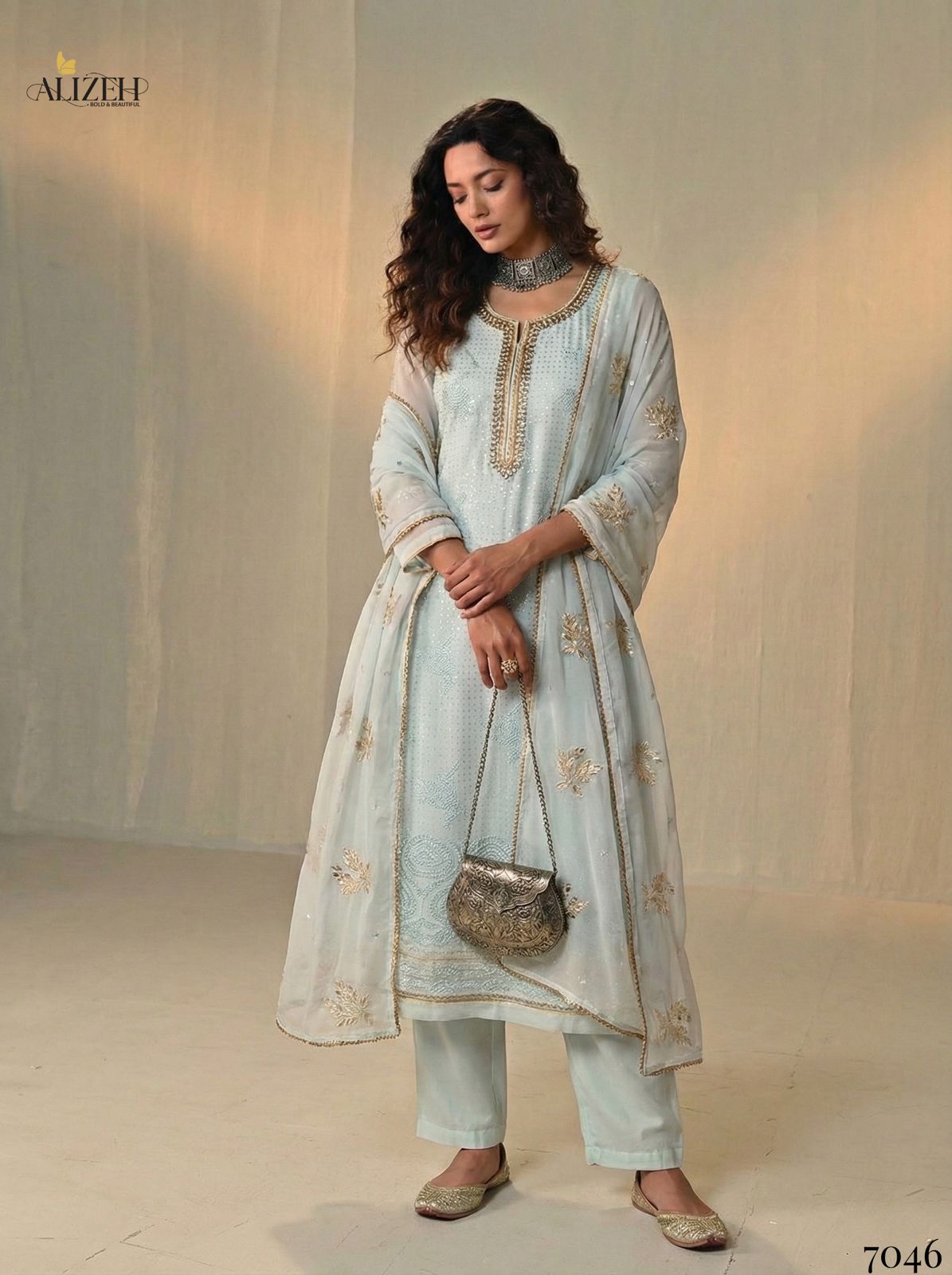 Alizeh 7046 To 7049 Georgette With Embroidered Work Kurti Pant And Dupatta