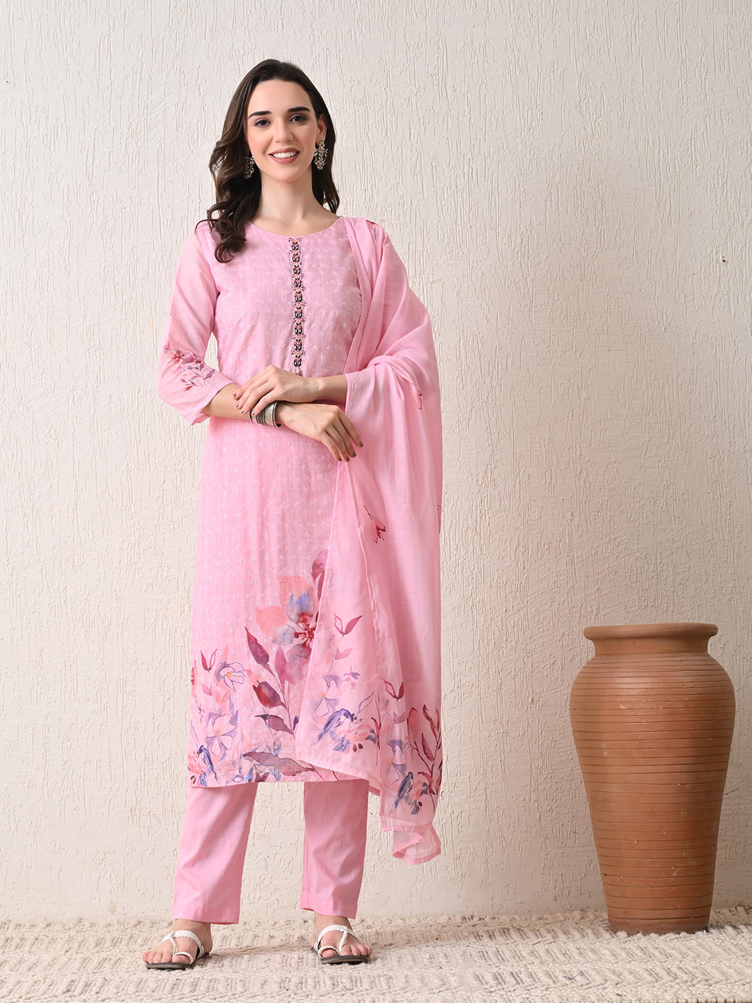 Hr 1352 Polyester Schiffli Hand Work Kurti Bottom And Dupatta Collection