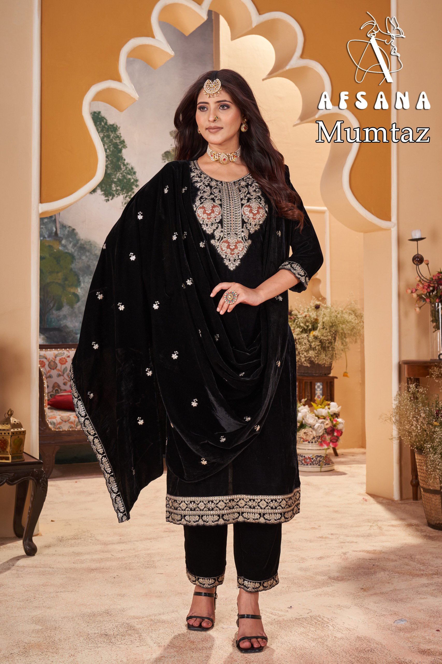 Afsana Mumtaz Velvet With Embroidery Work Top Bottom And Dupatta Collection