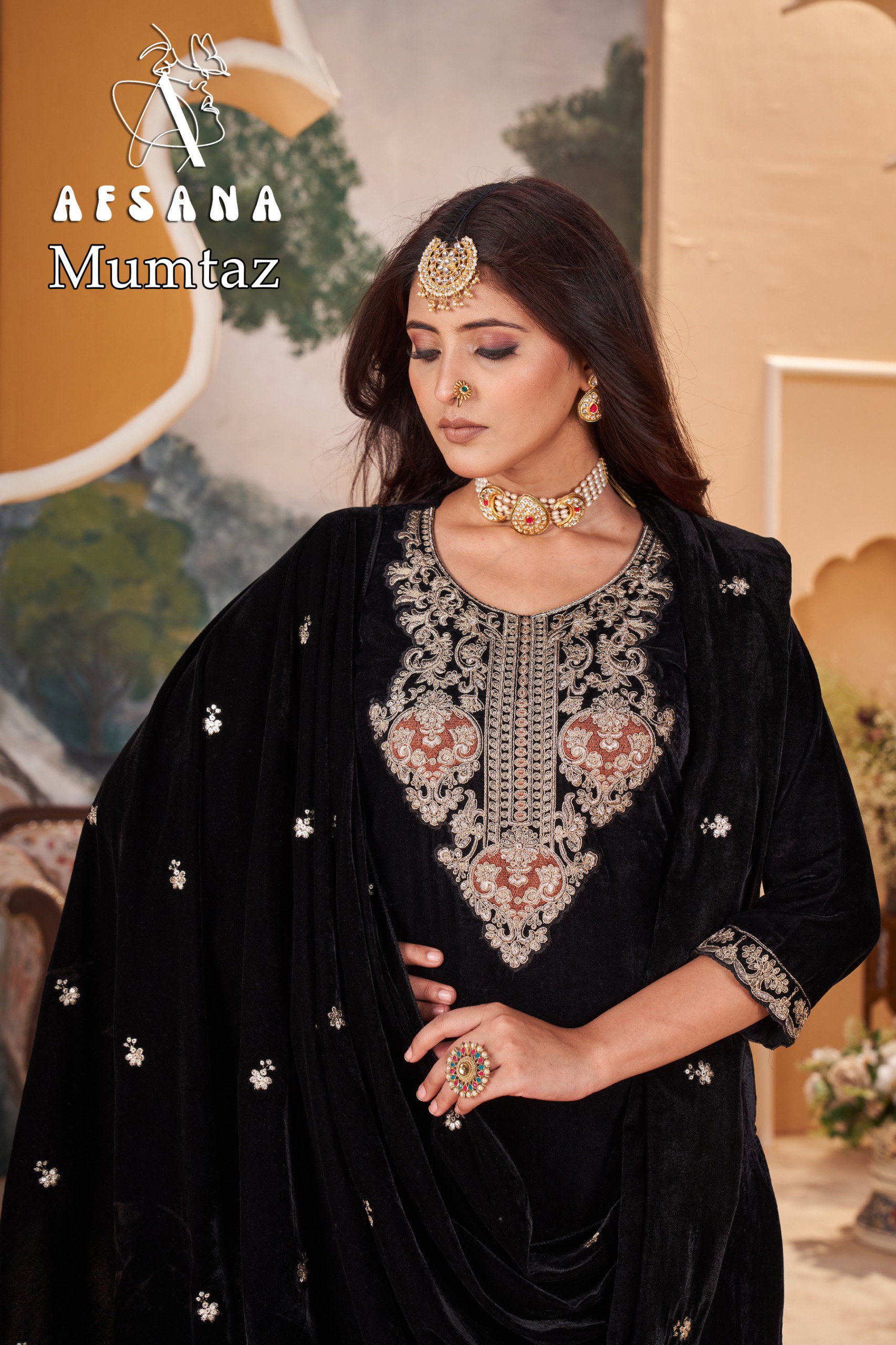 Afsana Mumtaz Velvet With Embroidery Work Top Bottom And Dupatta Collection