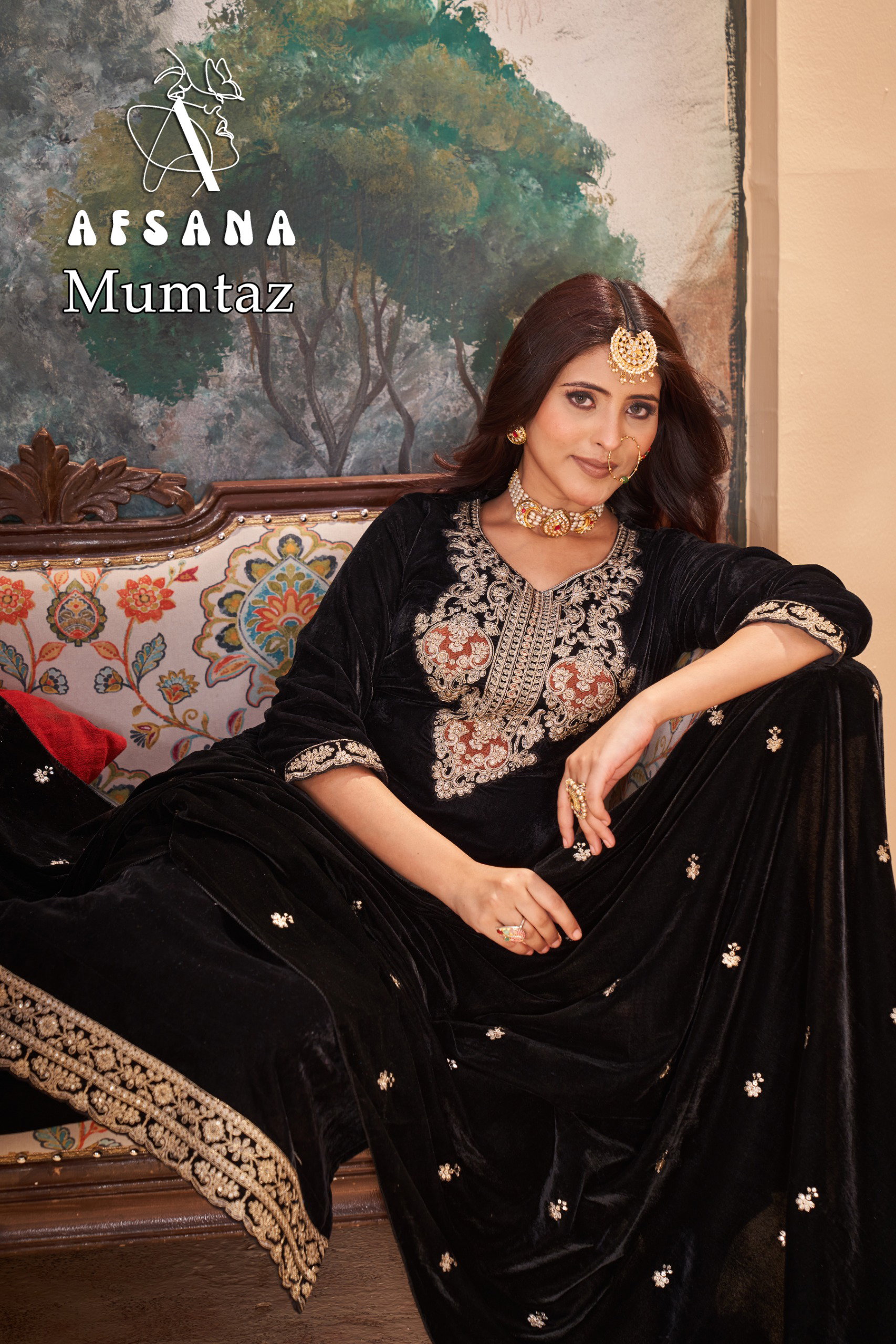 Afsana Mumtaz Velvet With Embroidery Work Top Bottom And Dupatta Collection