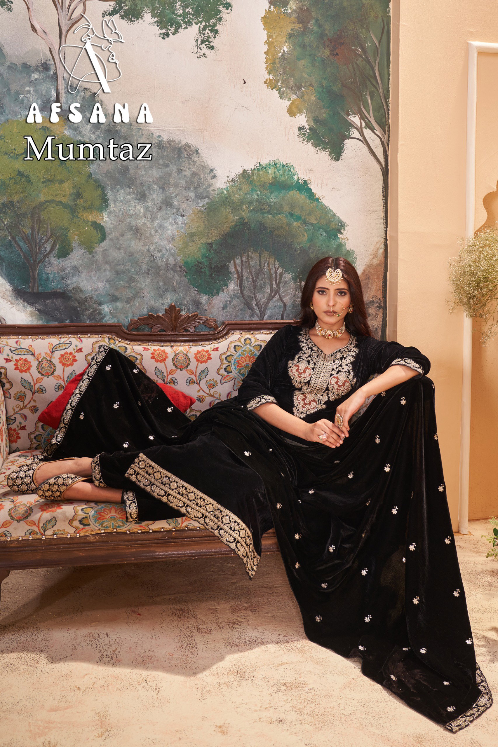 Afsana Mumtaz Velvet With Embroidery Work Top Bottom And Dupatta Collection