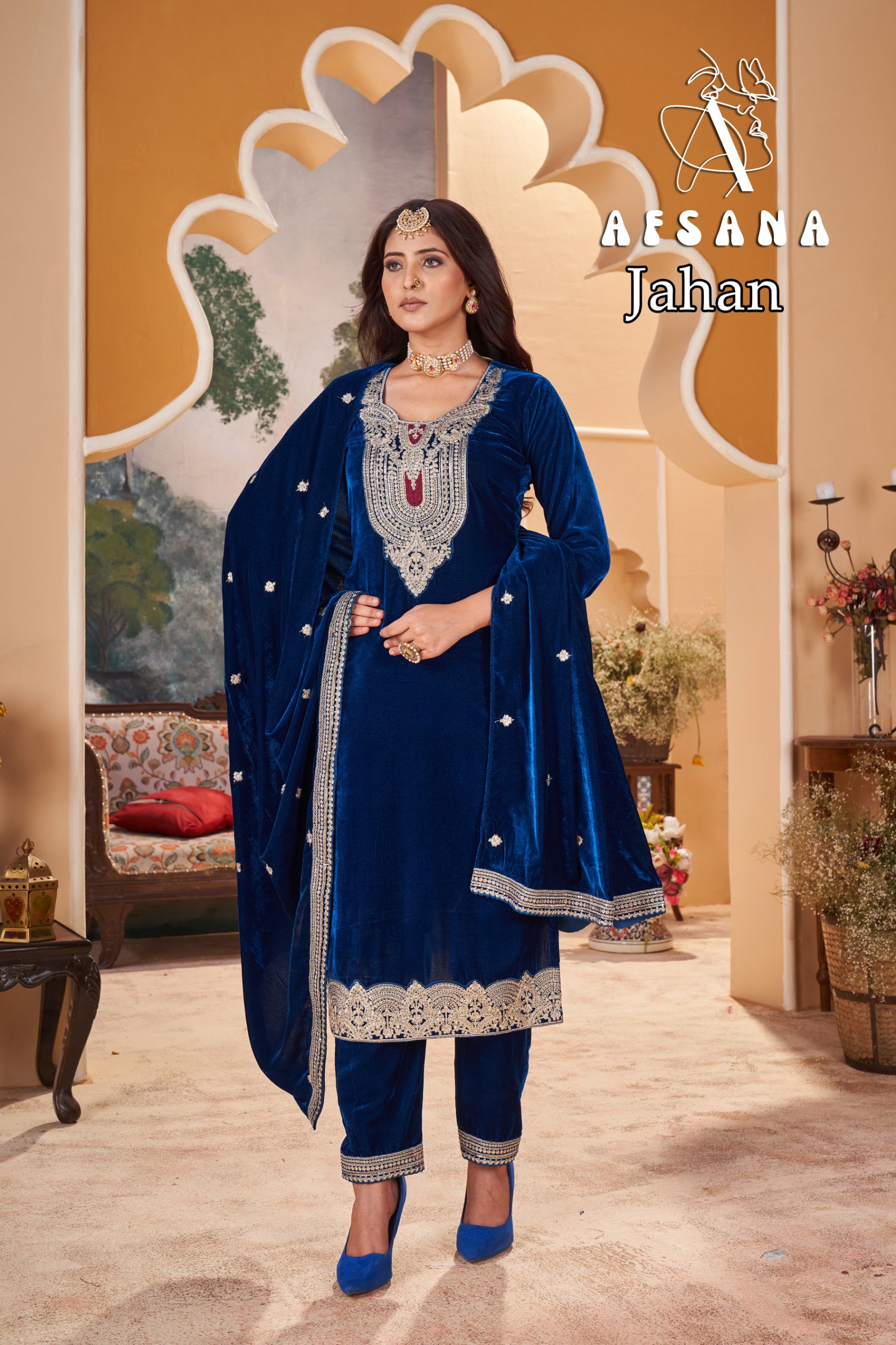Afsana Jahan Velvet With Embroidery Work Top Bottom And Dupatta