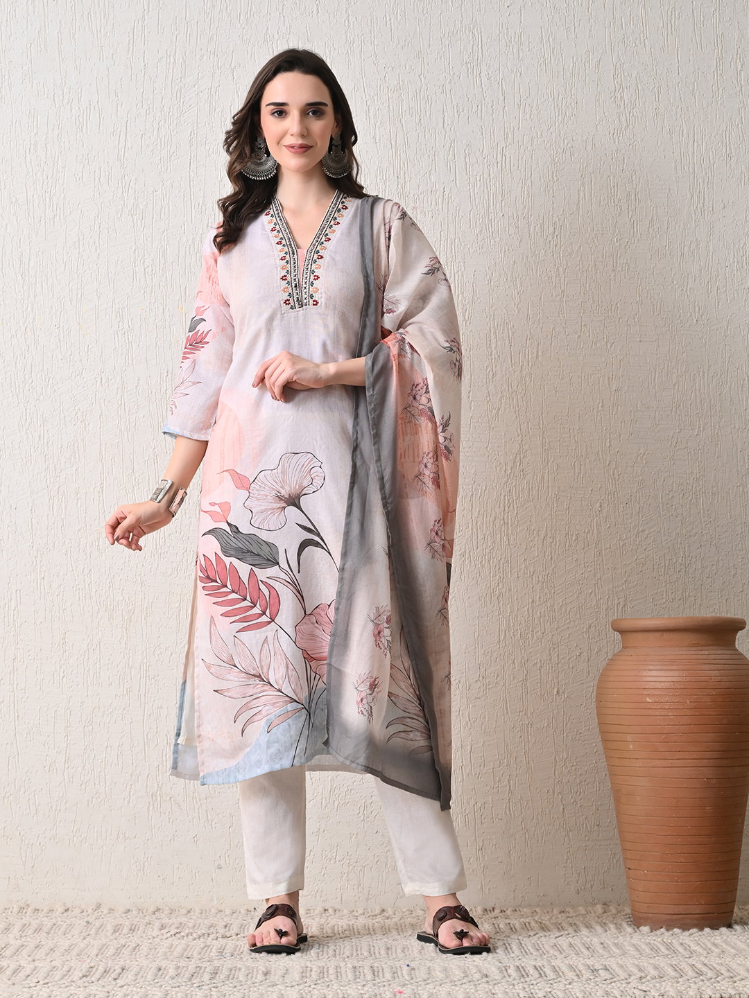Hr 1398 Poly Linen Printed Kurti Bottom And Dupatta Collection