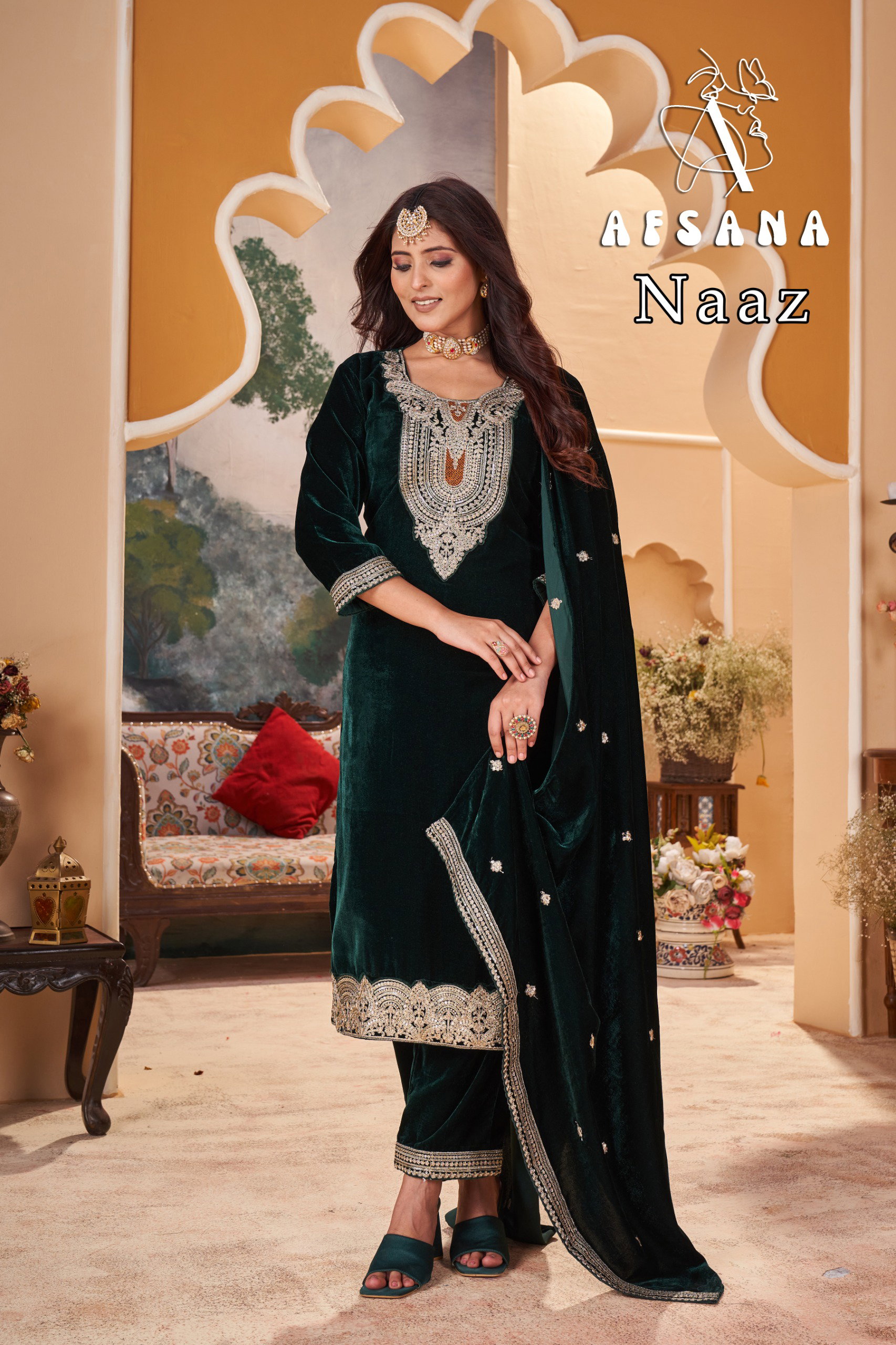 Afsana Naaz Velvet With Embrodery Work Top Bottom And Dupatta