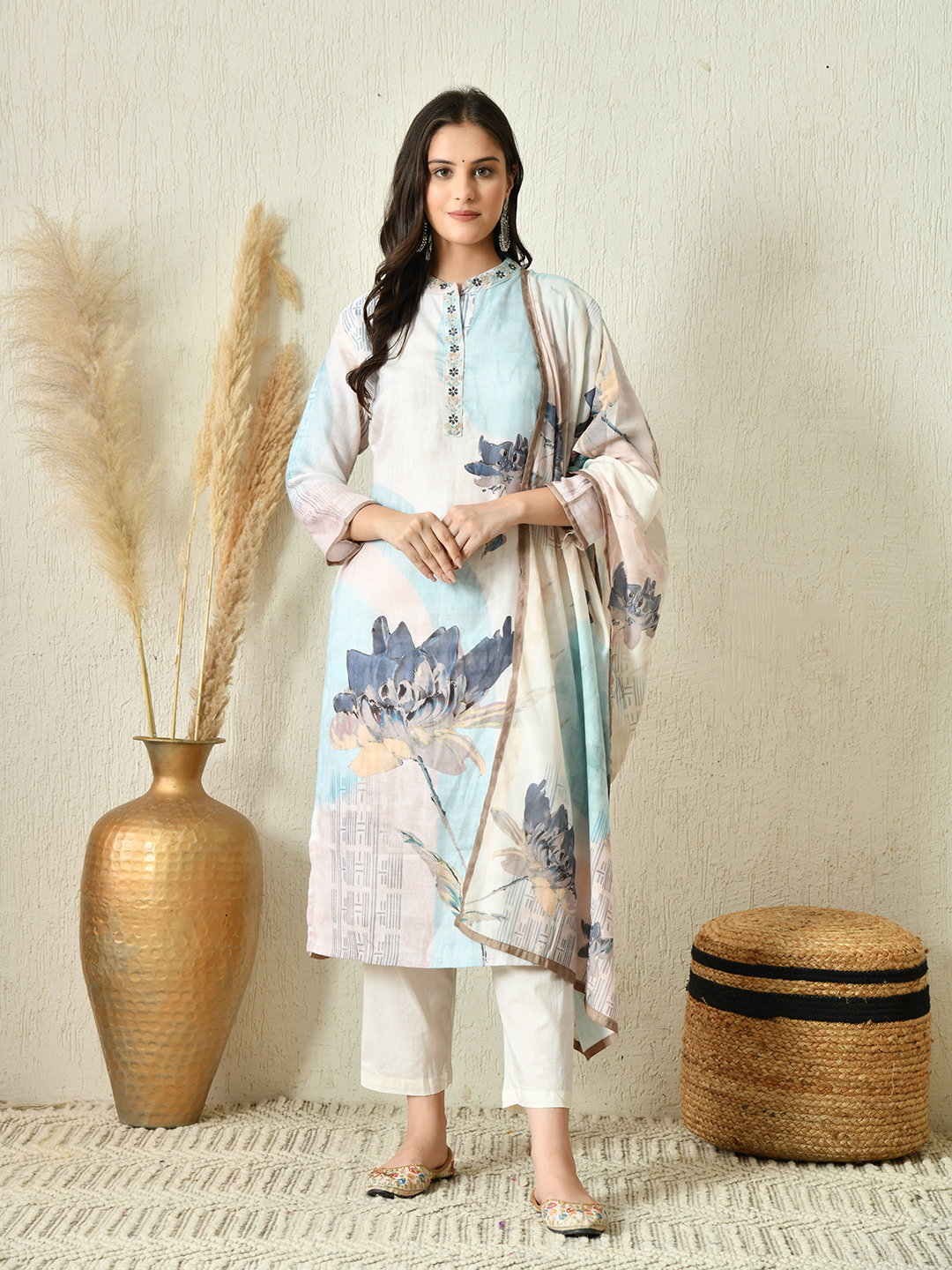 Hr 1389 Poly Linen Printed Kurti Bottom And Dupatta Collection
