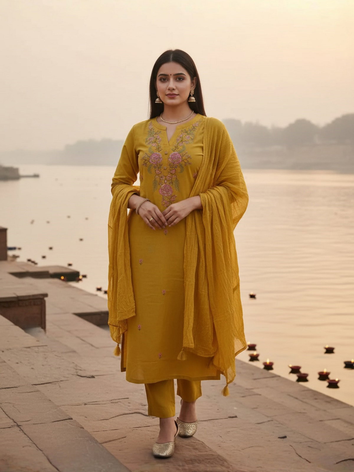 Navya Kurti 192 Party Wear Embroidery Worked Cotton Silk Kurti with Pant and Dupatta Set