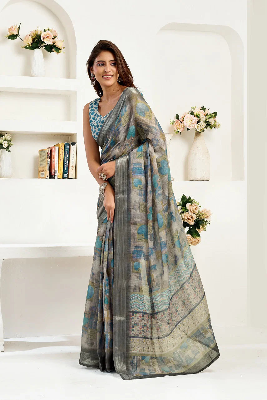Meera 326 Party Wear Printed Linen Fabric Ready to Wear Saree with Un Stitched Blouse