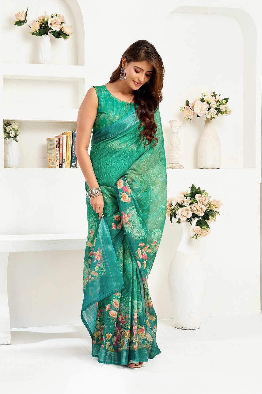 Meera 326 Party Wear Printed Linen Fabric Ready to Wear Saree with Un Stitched Blouse