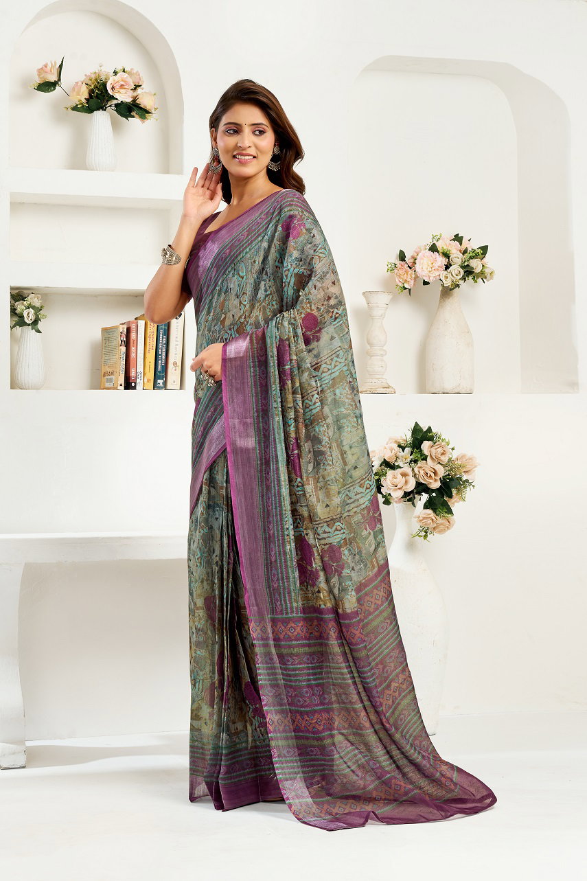Meera 326 Party Wear Printed Linen Fabric Ready to Wear Saree with Un Stitched Blouse