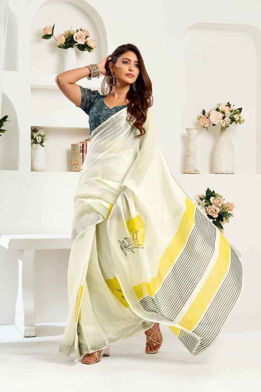 Meera 326 Party Wear Printed Linen Fabric Ready to Wear Saree with Un Stitched Blouse