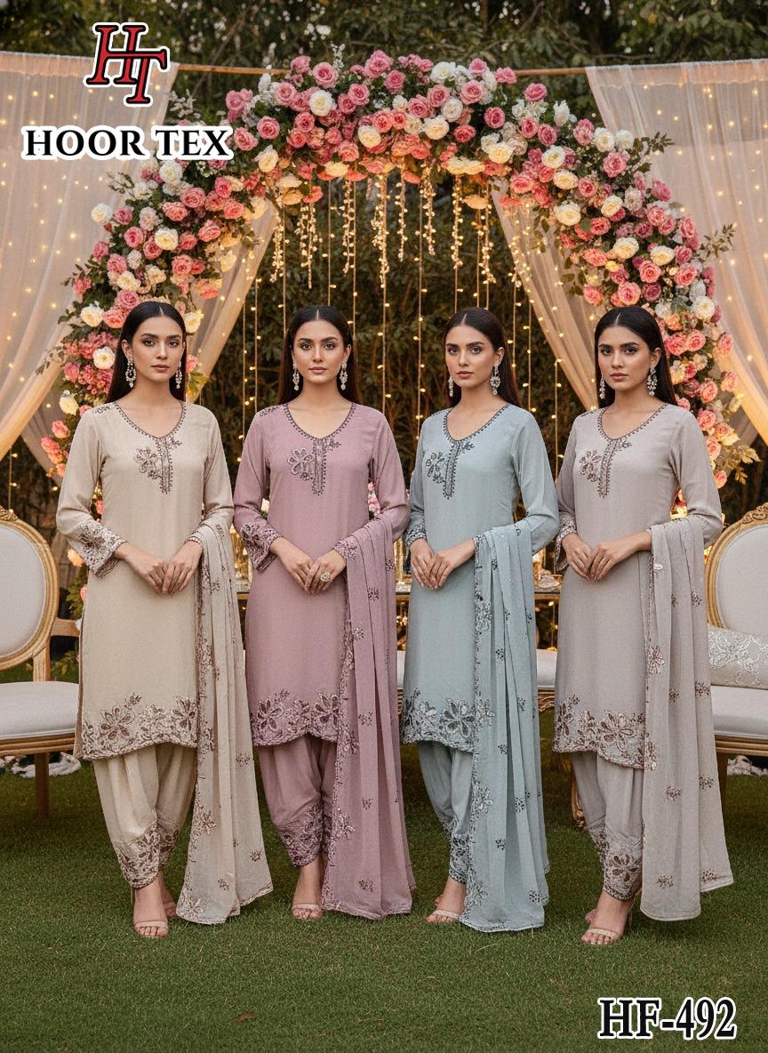 Hoor Tex Hf 492 A to D Georgette Pakistani Suit Kurti Bottom With Dupatta Collection 