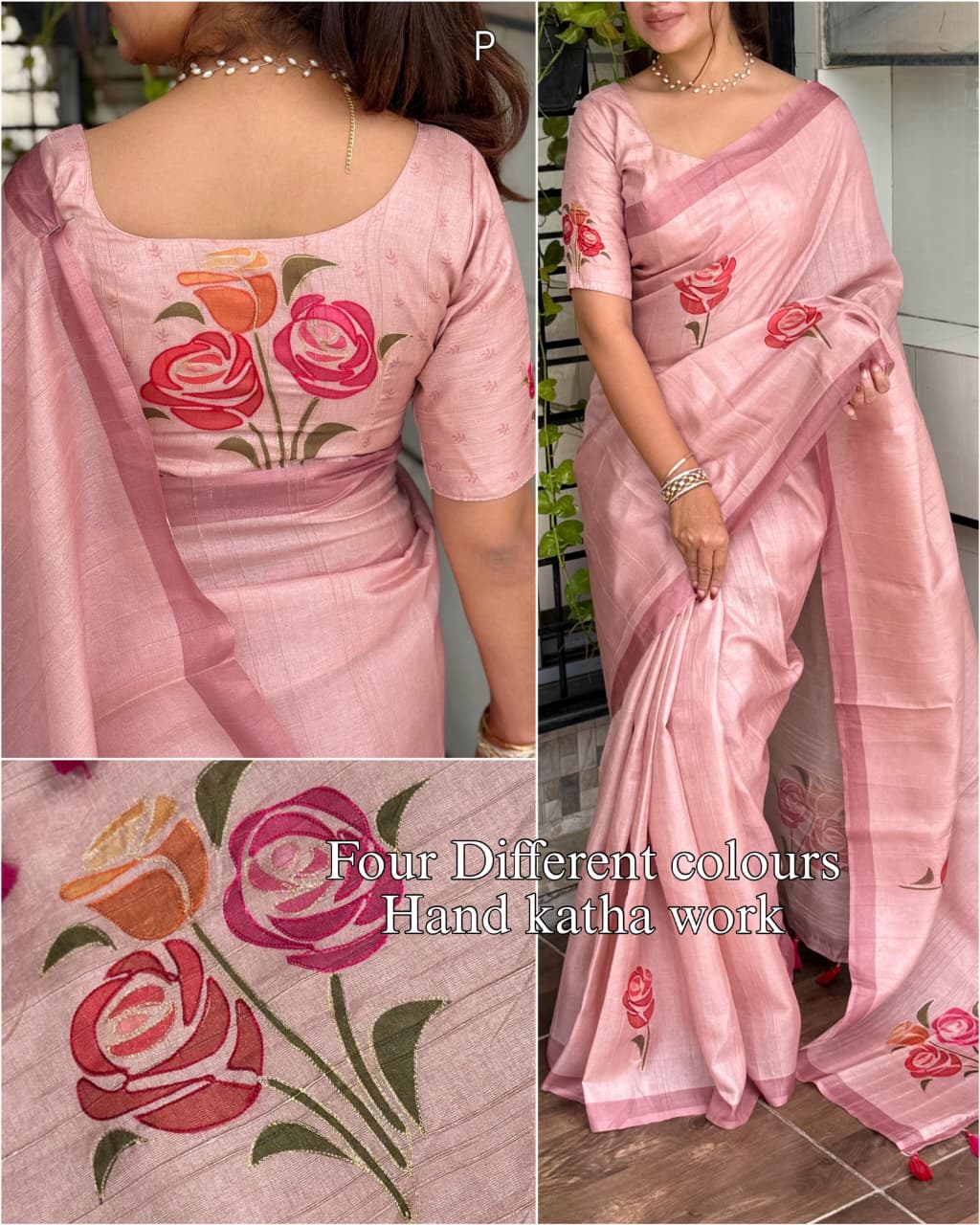 AS Rose Linen Cotton Thread Hand Position Katha Work Saree