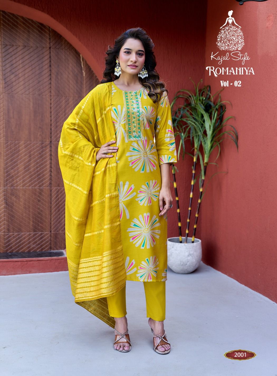 Romaniya Vol 2 By Kajal Trends Vertican Embroidery Kurti Pant And Dupatta