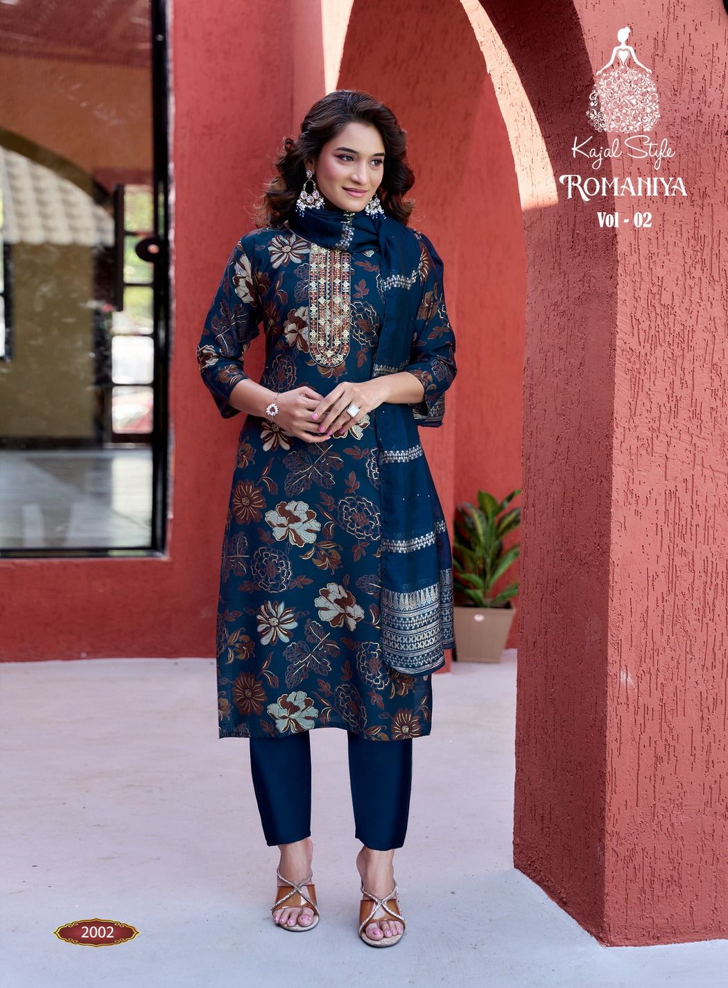 Romaniya Vol 2 By Kajal Trends Vertican Embroidery Kurti Pant And Dupatta