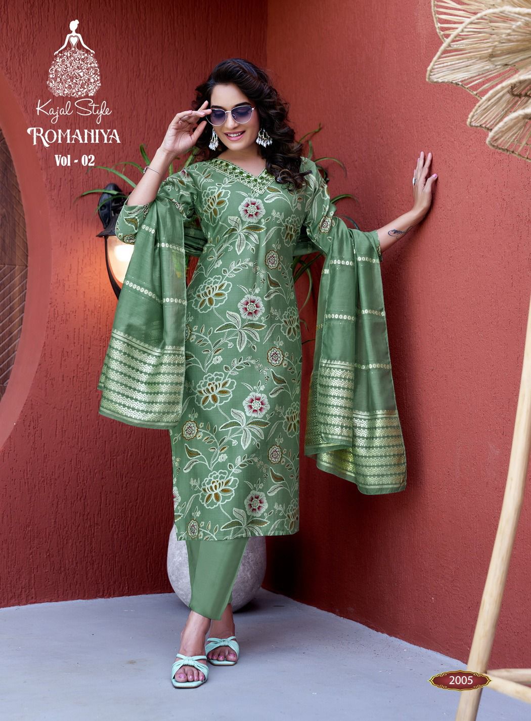 Romaniya Vol 2 By Kajal Trends Vertican Embroidery Kurti Pant And Dupatta