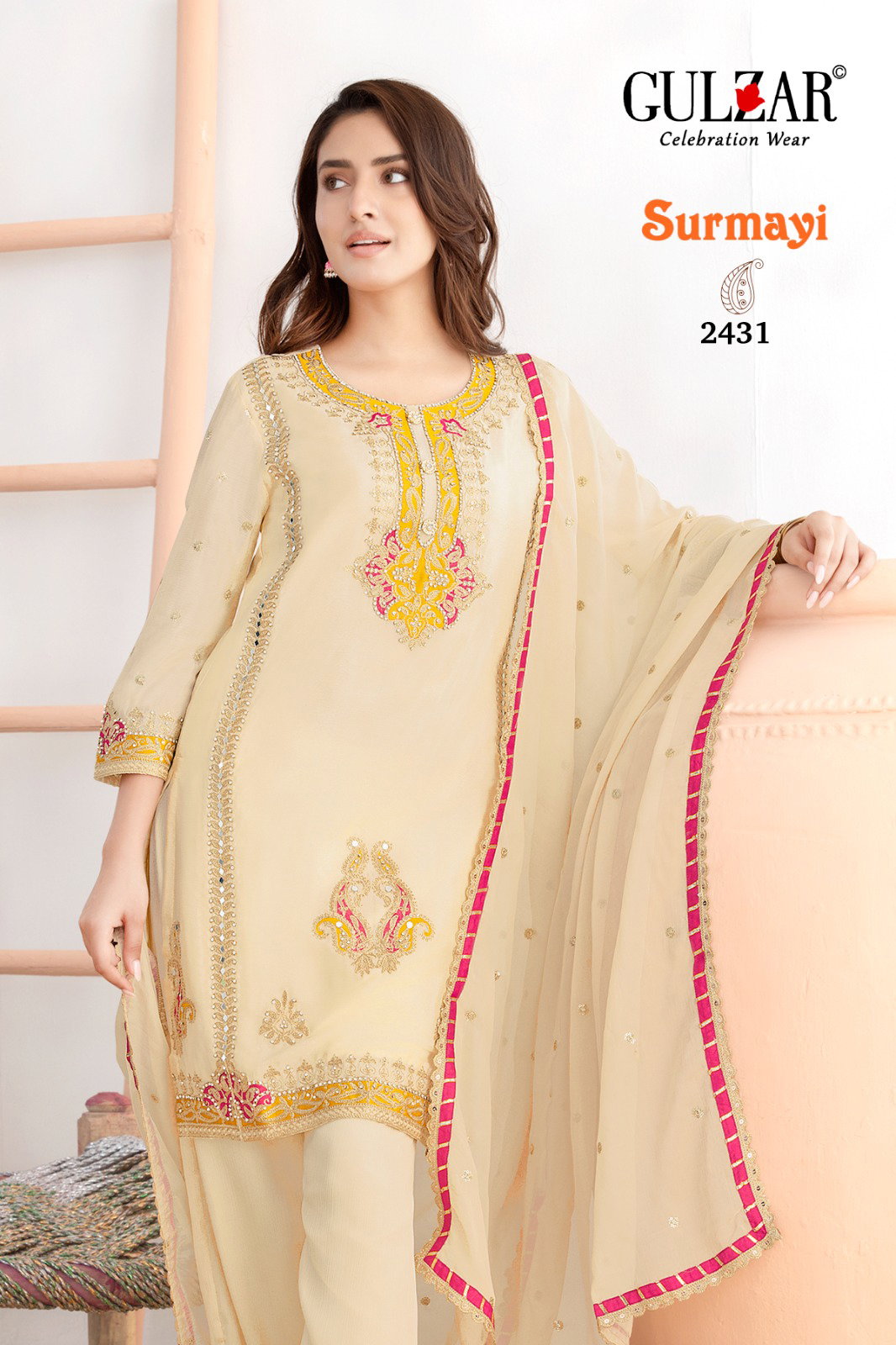 Gulzar Surmayi Chinon With Mirror Work Top Bottom And Dupatta