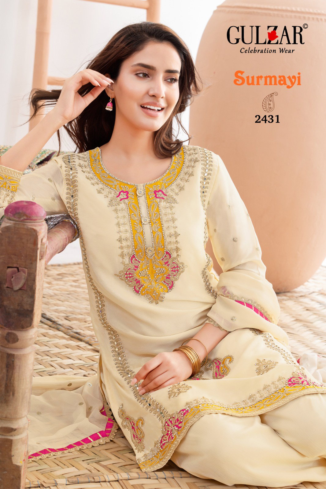 Gulzar Surmayi Chinon With Mirror Work Top Bottom And Dupatta