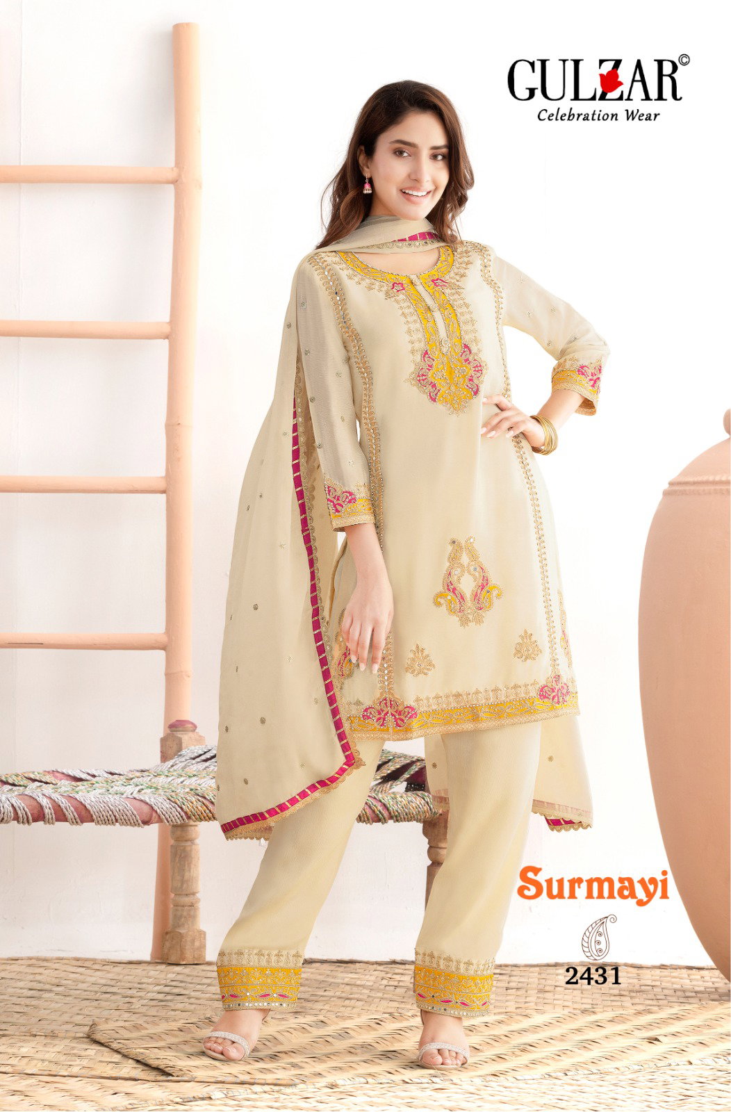 Gulzar Surmayi Chinon With Mirror Work Top Bottom And Dupatta