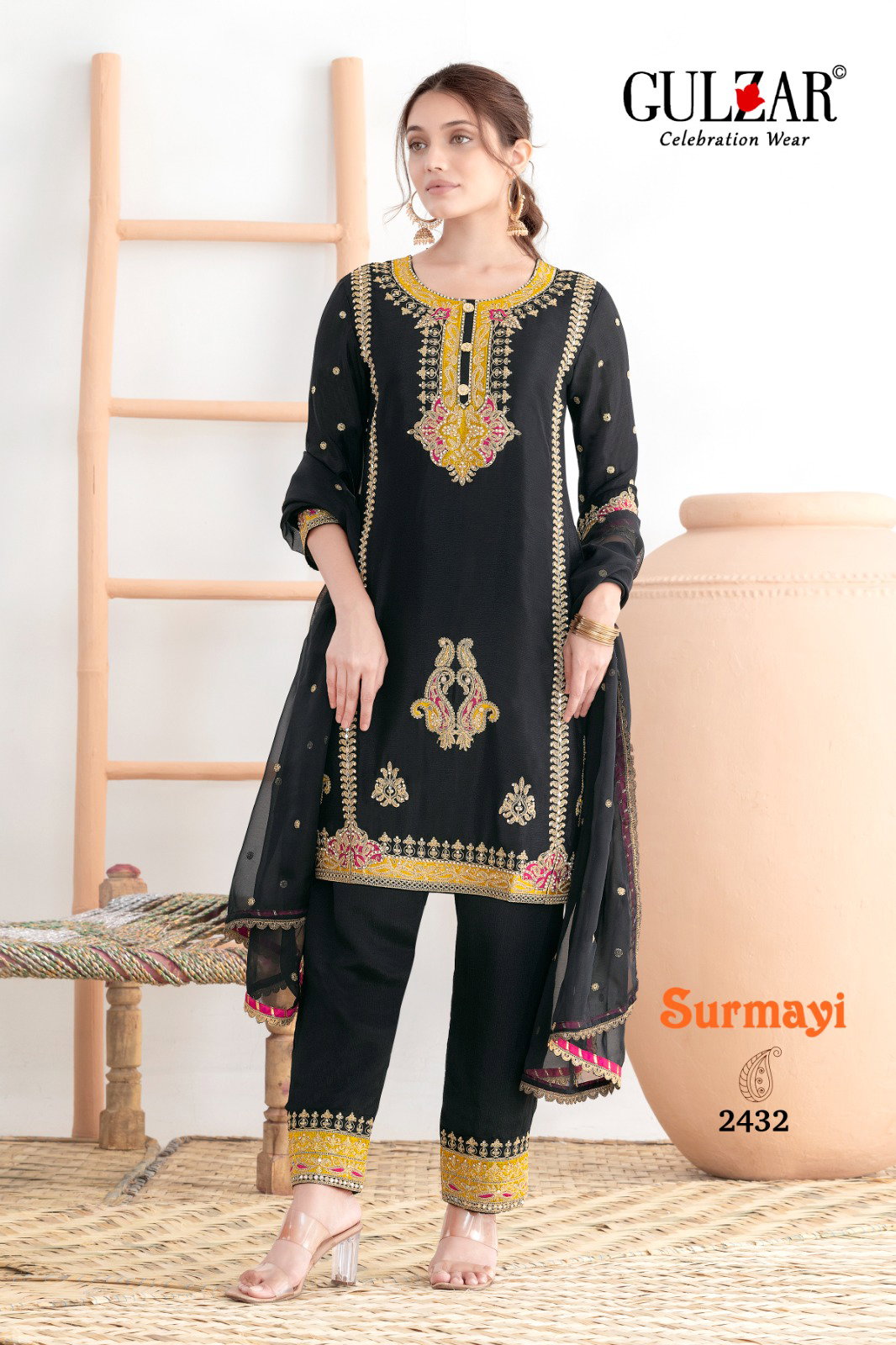 Gulzar Surmayi Chinon With Mirror Work Top Bottom And Dupatta