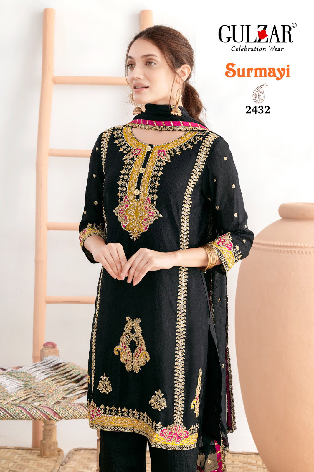 Gulzar Surmayi Chinon With Mirror Work Top Bottom And Dupatta