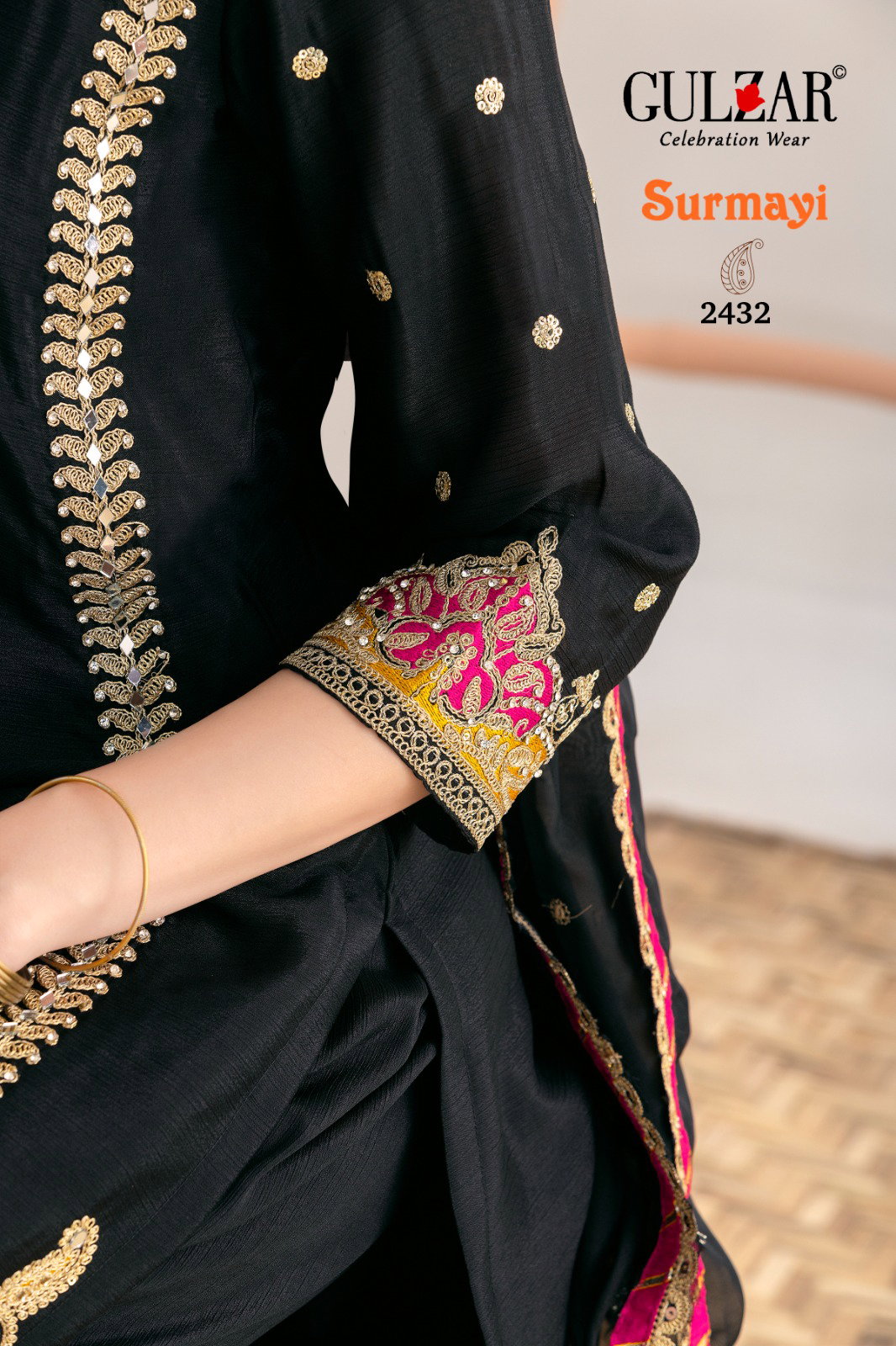 Gulzar Surmayi Chinon With Mirror Work Top Bottom And Dupatta