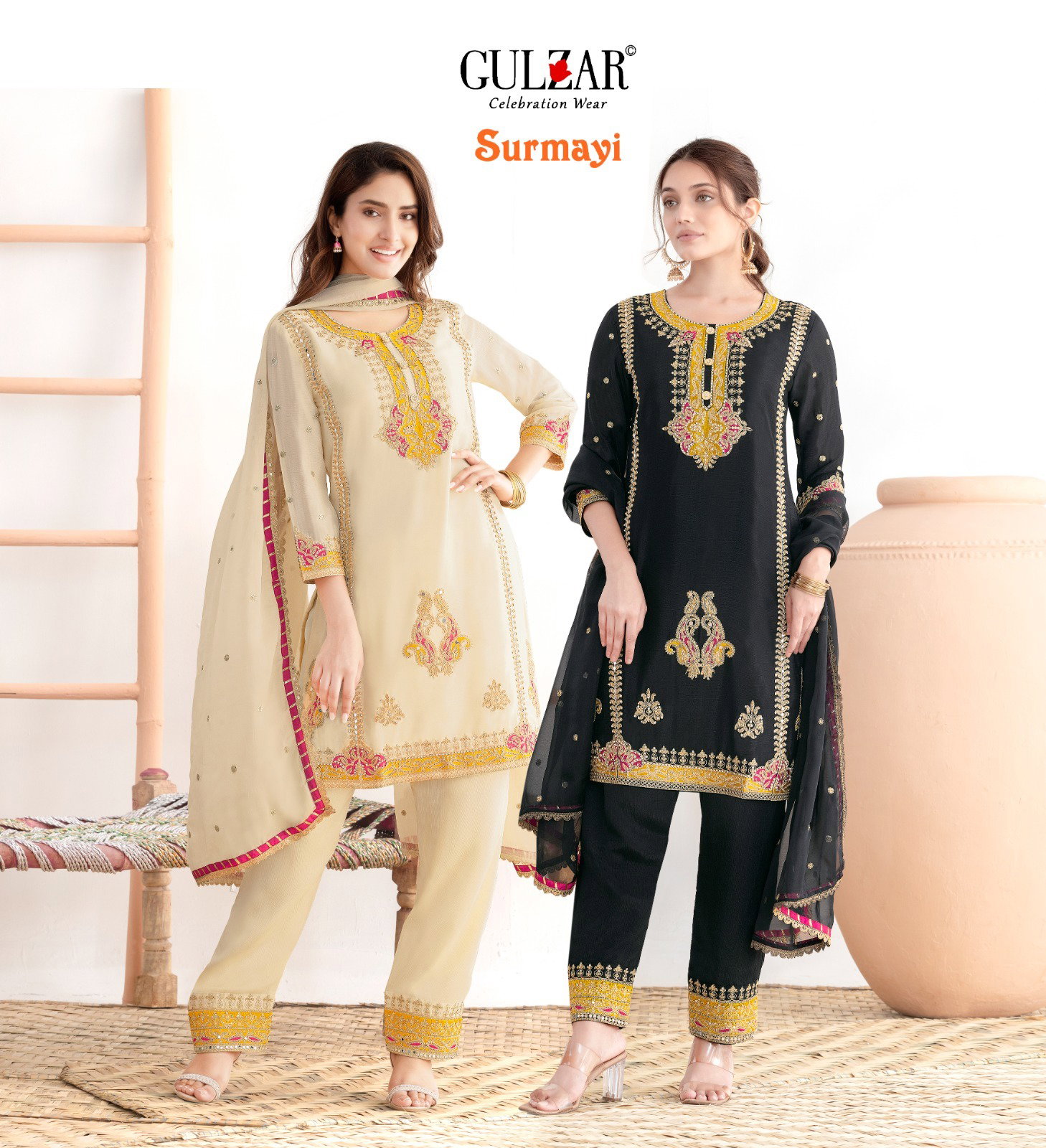 Gulzar Surmayi Chinon With Mirror Work Top Bottom And Dupatta