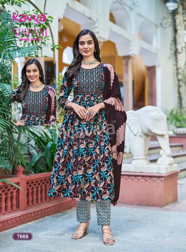 Kavya Suhani vol 7 Umbrella Cut Poly Viscose Foil Print Kurti With Bottom and Dupatta Collection