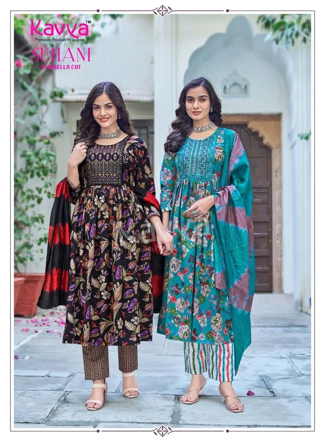 Kavya Suhani vol 7 Umbrella Cut Poly Viscose Foil Print Kurti With Bottom and Dupatta Collection