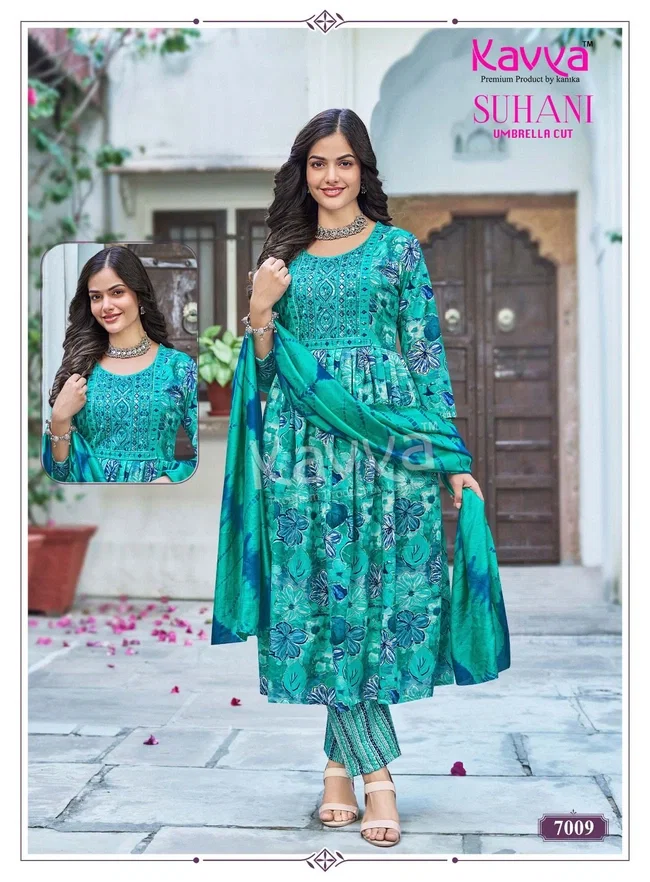 Kavya Suhani vol 7 Umbrella Cut Poly Viscose Foil Print Kurti With Bottom and Dupatta Collection