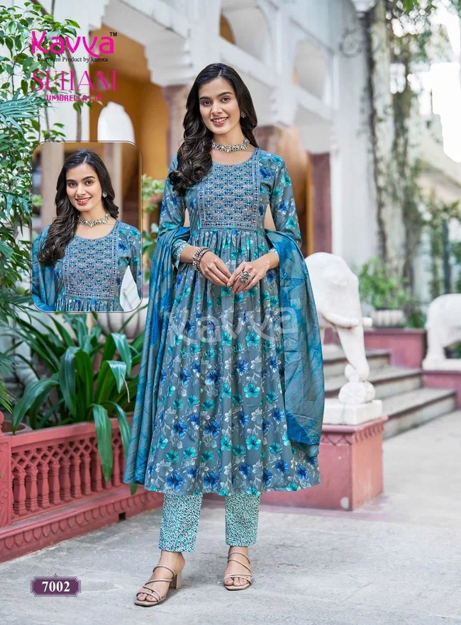 Kavya Suhani vol 7 Umbrella Cut Poly Viscose Foil Print Kurti With Bottom and Dupatta Collection