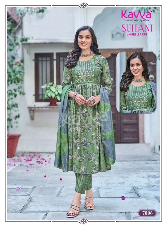Kavya Suhani vol 7 Umbrella Cut Poly Viscose Foil Print Kurti With Bottom and Dupatta Collection