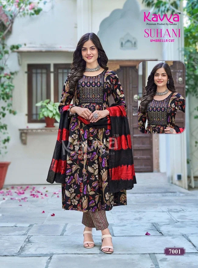 Kavya Suhani vol 7 Umbrella Cut Poly Viscose Foil Print Kurti With Bottom and Dupatta Collection