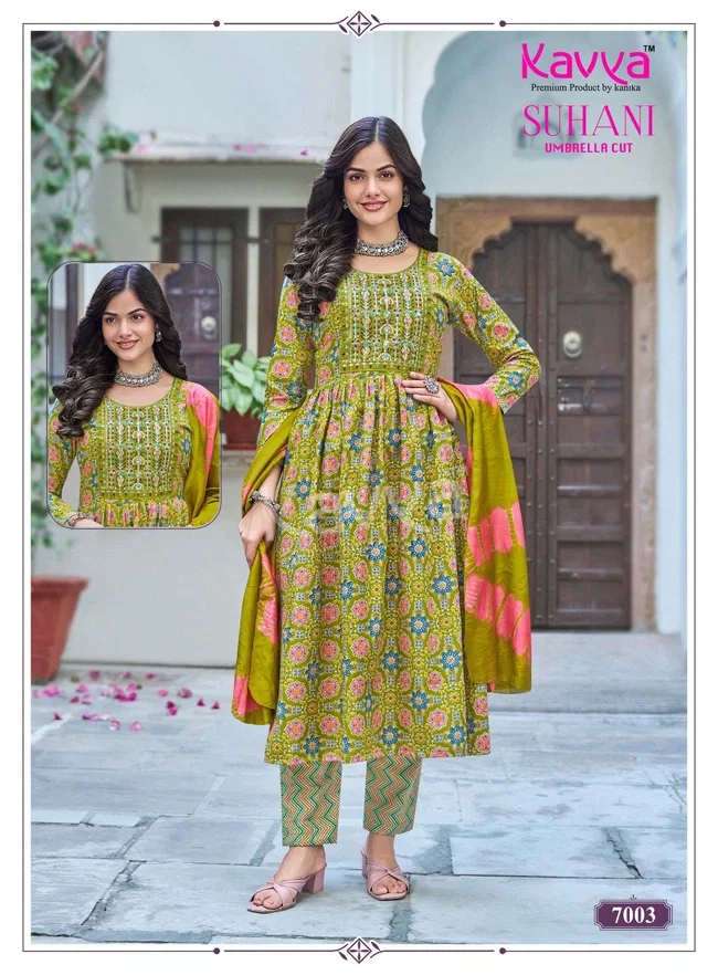 Kavya Suhani vol 7 Umbrella Cut Poly Viscose Foil Print Kurti With Bottom and Dupatta Collection