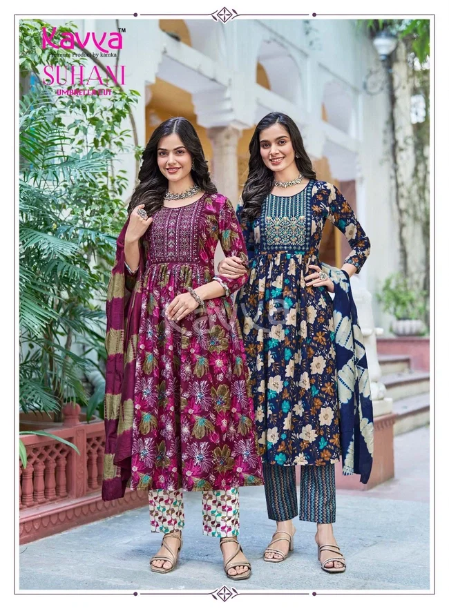 Kavya Suhani vol 7 Umbrella Cut Poly Viscose Foil Print Kurti With Bottom and Dupatta Collection