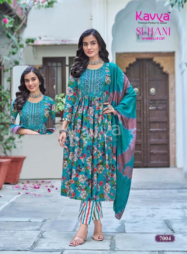 Kavya Suhani vol 7 Umbrella Cut Poly Viscose Foil Print Kurti With Bottom and Dupatta Collection