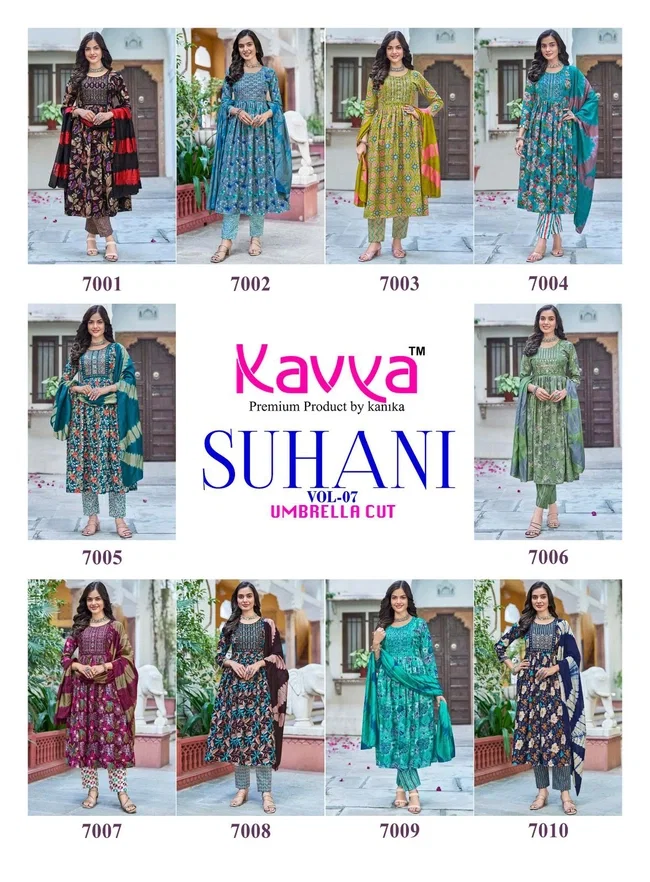 Kavya Suhani vol 7 Umbrella Cut Poly Viscose Foil Print Kurti With Bottom and Dupatta Collection