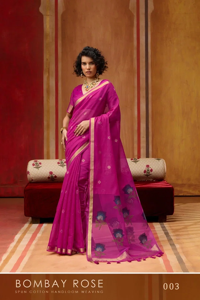 Rajtex Bombay Rose Munga Cotton Handloom Organza Weaving Pallu Saree Collection