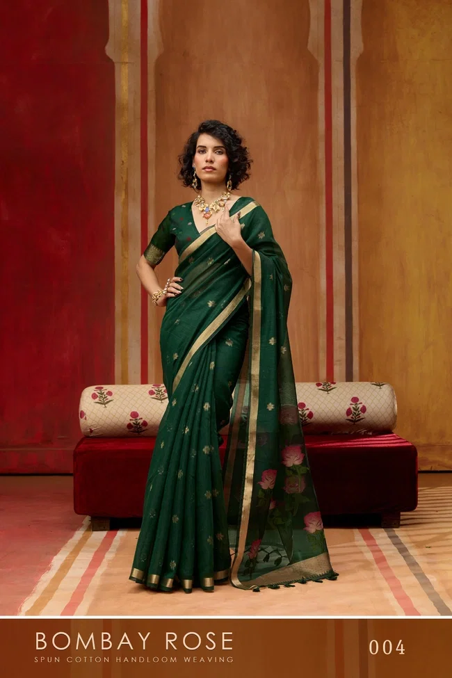Rajtex Bombay Rose Munga Cotton Handloom Organza Weaving Pallu Saree Collection