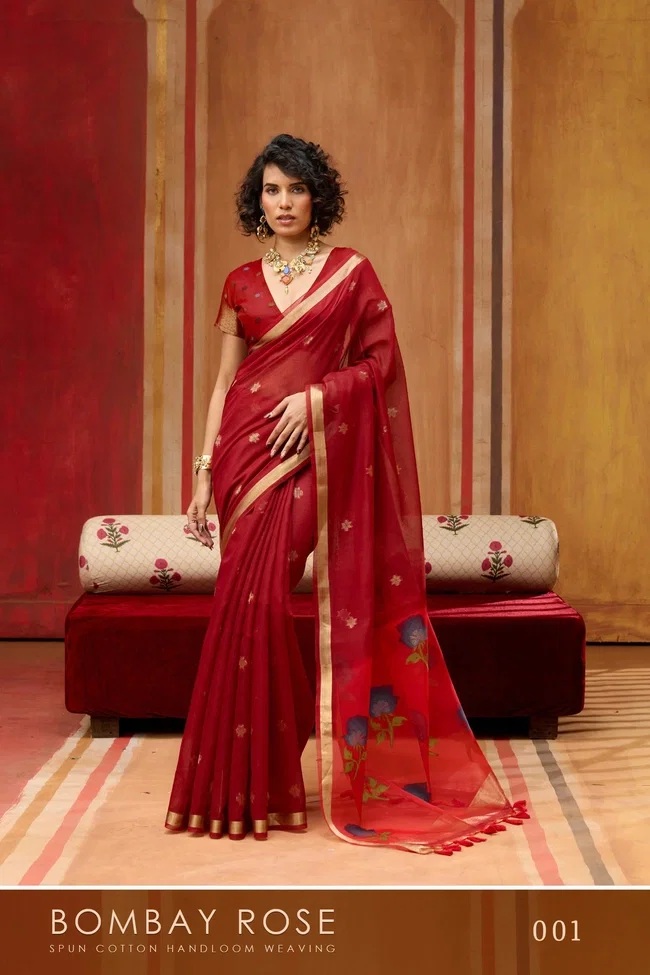 Rajtex Bombay Rose Munga Cotton Handloom Organza Weaving Pallu Saree Collection