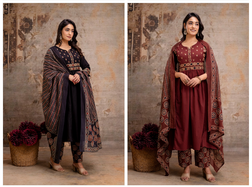 Naisha K 536 Cotton With Embroidery Kurti Pant And Dupatta Collection