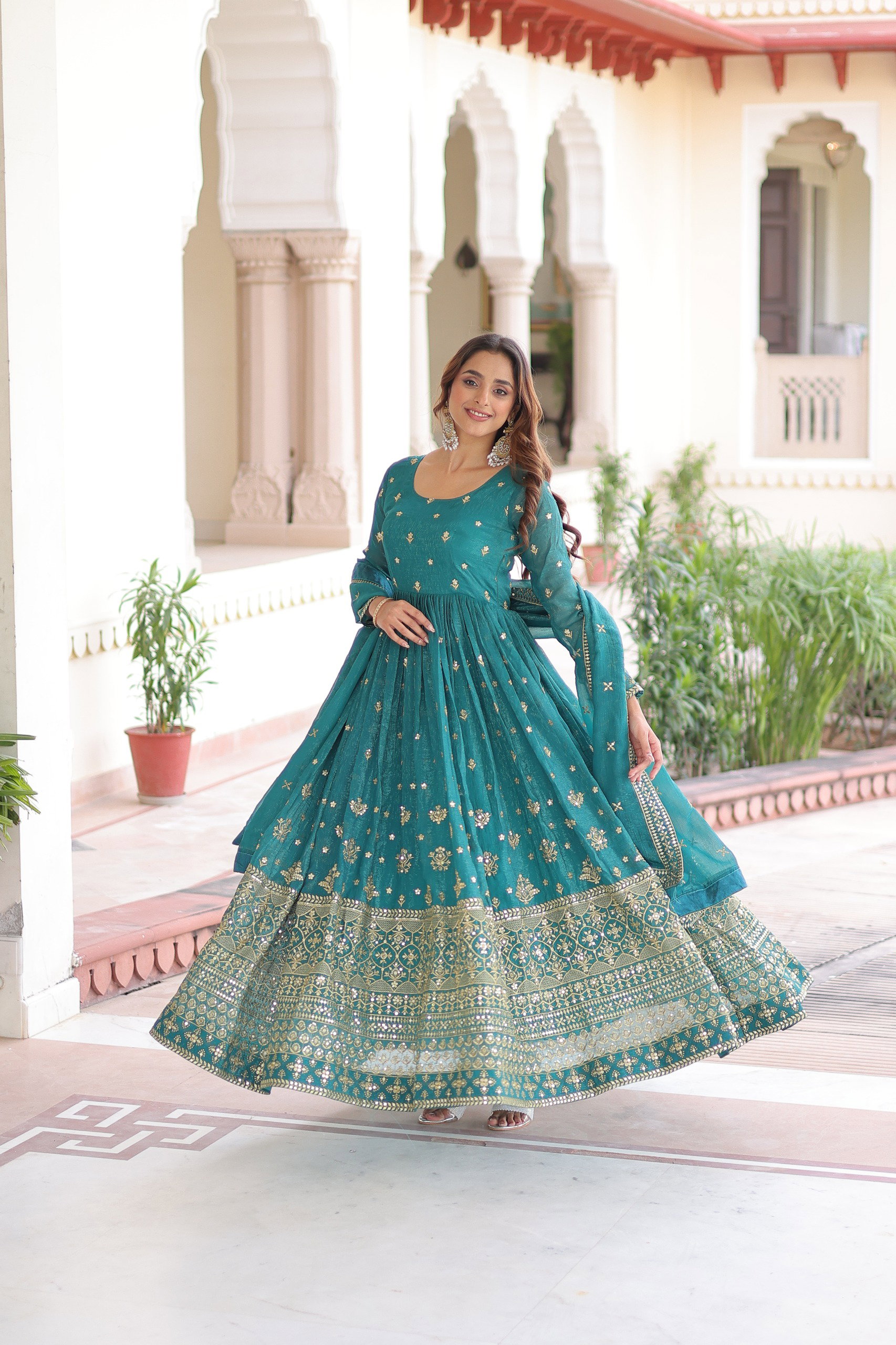 Lekha KA 1216 Silver Crunchy Sequins Embroidery Work Gown With Dupatta