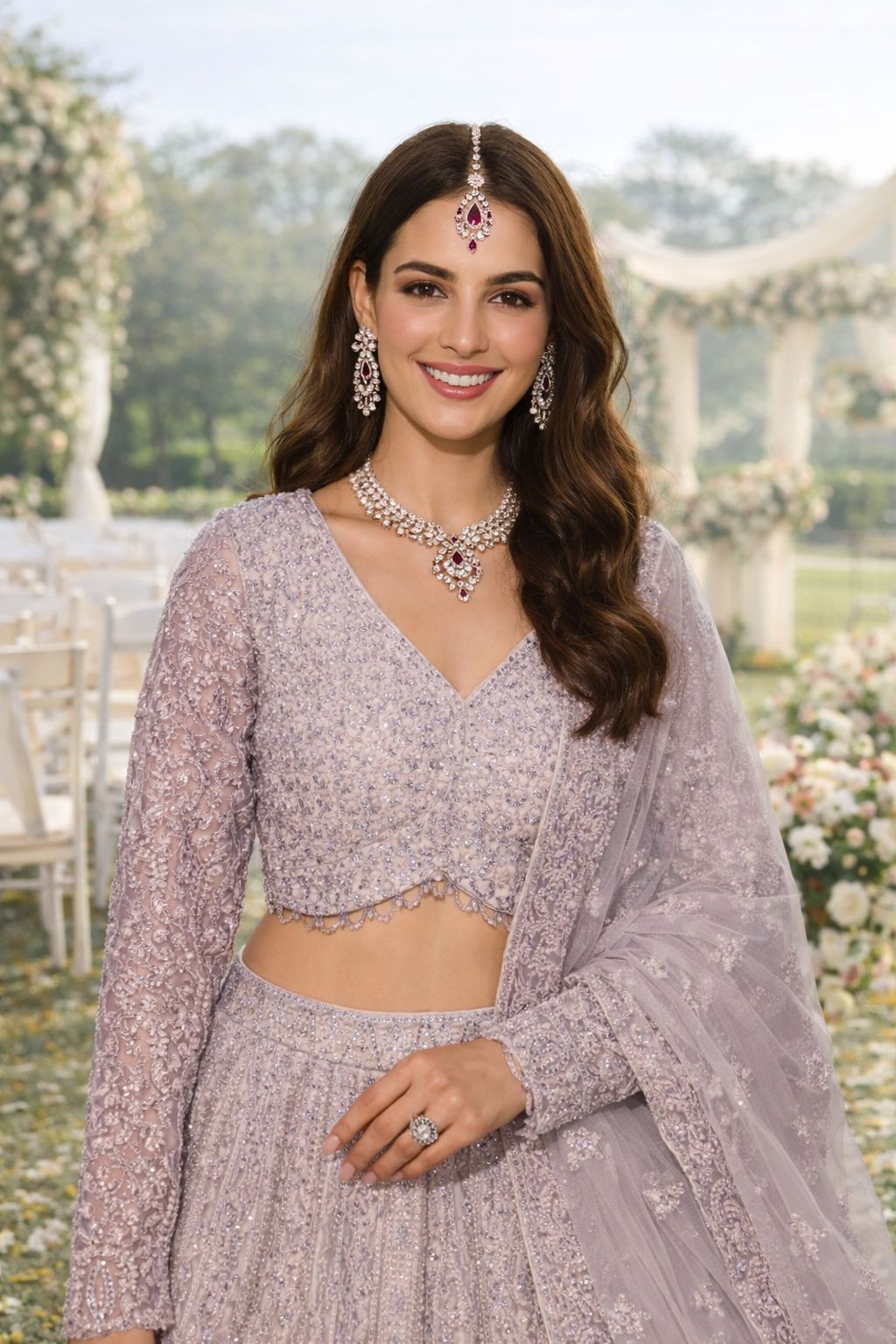 Mrudangi Wedding Festive Net Embroidered And Mirror Work Lehenga Choli