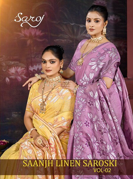 Saroj Saanjh Linen Saroski Vol 2 Linen With Saroski Worked Fancy Saree Collection